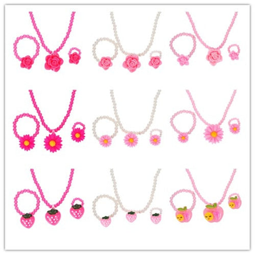 Simulated-Pearl Beads Kid Jewelry Sets Resin Flower Strawberry Apple Pendant Necklace Bracelet Ring - Jewels of Artemis