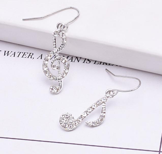 Music Notes Ear Hook Crystal Silver Color - Jewels of Artemis