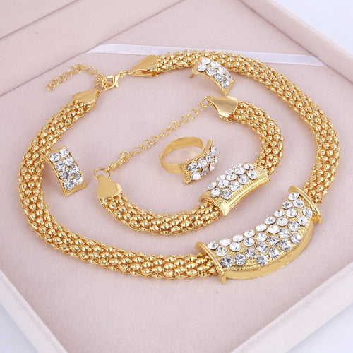 Gold Jewelry Sets African Beads Crystal Necklace Earrings Bracelet Rings - Jewels of Artemis