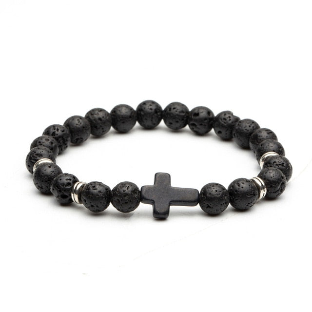 Black Nature Stone Lava Stone Bead Cross Charm Bracelets - Jewels of Artemis