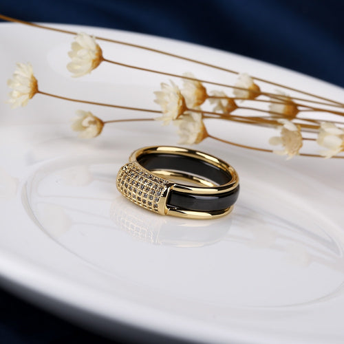 2 pcs/Set Hot Sale Fashion 585 Gold Rings With Bling Rhinestone 2 Layer Black White Detachable Ceramic Rings - Jewels of Artemis