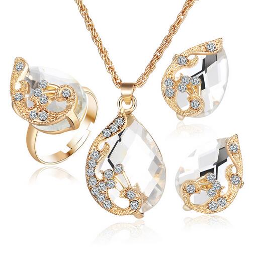 Austrian Crystal Jewelry Set Rose Gold Color peacock Style Pendant/Earrings/Ring Sets - Jewels of Artemis