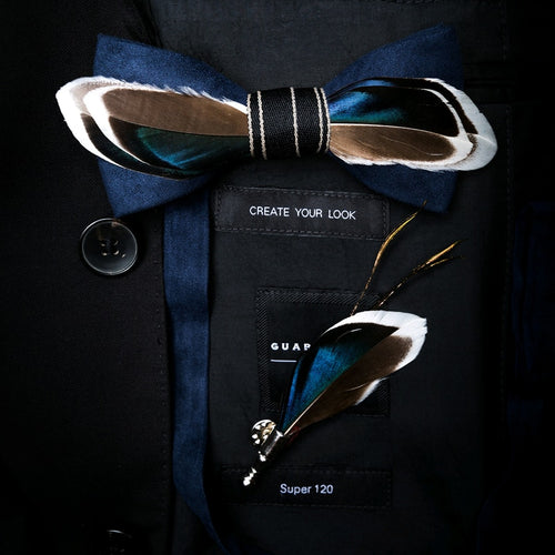 Handmade Feather Bow Tie and Brooch Set - Jewels of Artemis