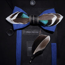 Load image into Gallery viewer, Handmade Feather Bow Tie and Brooch Set - Jewels of Artemis