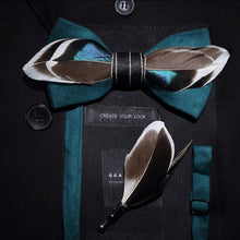 Load image into Gallery viewer, Handmade Feather Bow Tie and Brooch Set - Jewels of Artemis