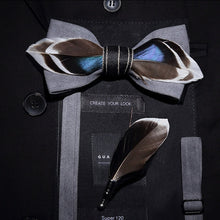 Load image into Gallery viewer, Handmade Feather Bow Tie and Brooch Set - Jewels of Artemis