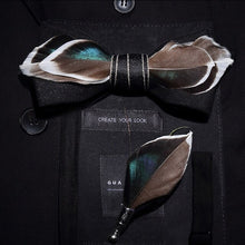 Load image into Gallery viewer, Handmade Feather Bow Tie and Brooch Set - Jewels of Artemis