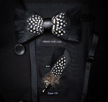 Load image into Gallery viewer, Handmade Feather Bow Tie and Brooch Set - Jewels of Artemis