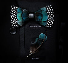 Load image into Gallery viewer, Handmade Feather Bow Tie and Brooch Set - Jewels of Artemis