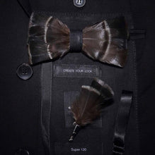Load image into Gallery viewer, Handmade Feather Bow Tie and Brooch Set - Jewels of Artemis