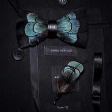 Load image into Gallery viewer, Handmade Feather Bow Tie and Brooch Set - Jewels of Artemis