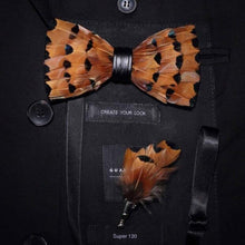 Load image into Gallery viewer, Handmade Feather Bow Tie and Brooch Set - Jewels of Artemis
