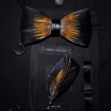 Load image into Gallery viewer, Handmade Feather Bow Tie and Brooch Set - Jewels of Artemis