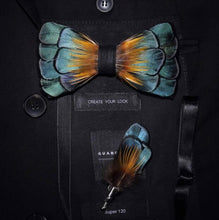 Load image into Gallery viewer, Handmade Feather Bow Tie and Brooch Set - Jewels of Artemis