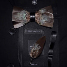 Load image into Gallery viewer, Handmade Feather Bow Tie and Brooch Set - Jewels of Artemis