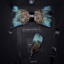 Load image into Gallery viewer, Handmade Feather Bow Tie and Brooch Set - Jewels of Artemis