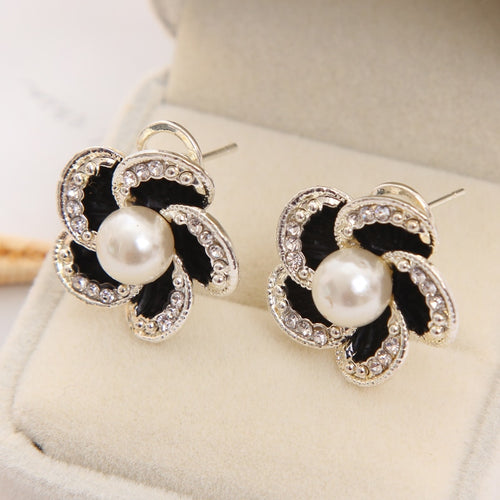 Crystal Simulated Pearl Beads Wedding Flower Rhinestone Stud Earrings - Jewels of Artemis