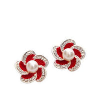 Load image into Gallery viewer, Crystal Simulated Pearl Beads Wedding Flower Rhinestone Stud Earrings - Jewels of Artemis