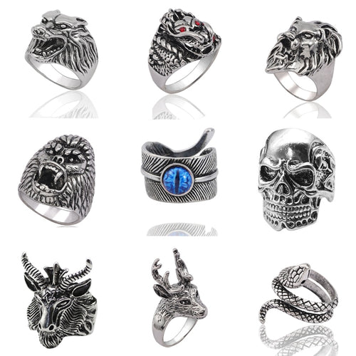 Gothic Punk Ring Men Retro Dragon Rabbit Snake Tiger Wolf Rings Skeleton Devil Evil Eye Pentagram Animal Male Ring Jewelry Anel - Jewels of Artemis